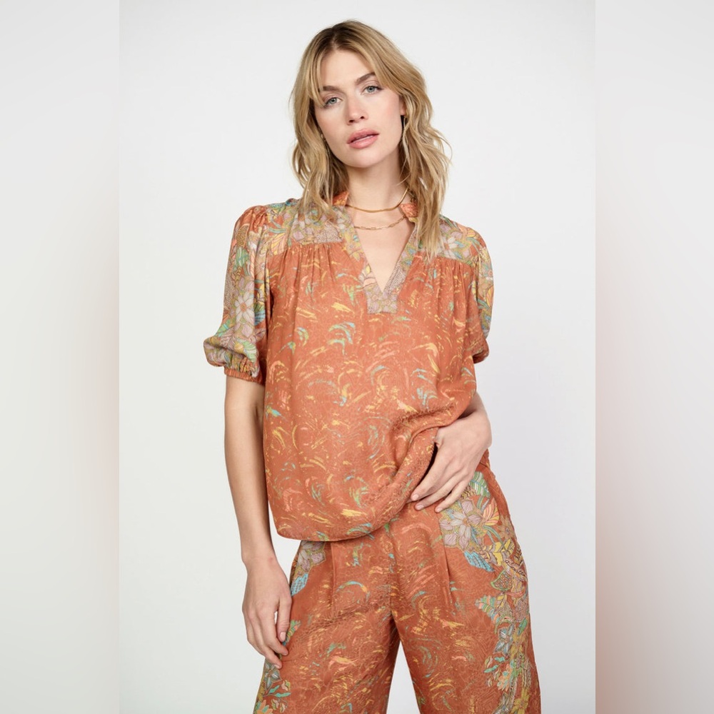 Anthropologie Current Air Border Print Retro Floral Blouse
